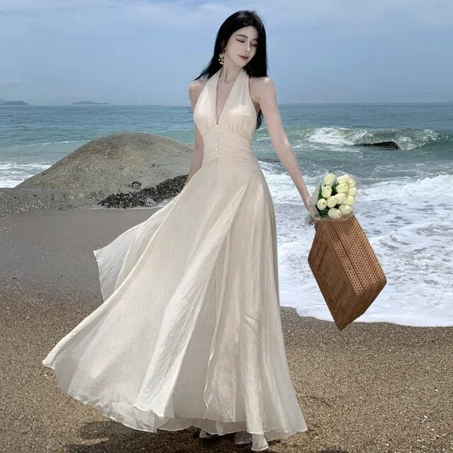 Summer Sleeveless Halter Long White Maxi Dress Elegant Tight Waist V-n –  HuLianFu