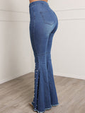 hulianfu - Blue Casual Buckle Beading Mid Waist Regular Denim Jeans