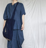 Shan Qian Nianyi, neutral literary and artistic spring and summer cotton and linen soft and comfortable blue plaid casual wide-leg pants