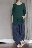 Shan Qian Nianyi, neutral literary and artistic spring and summer cotton and linen soft and comfortable blue plaid casual wide-leg pants