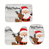 Santa Claus Christmas Bathroom Rug Set - 3pcs Polyester Blend Knit Fabric Bath Mats with Geometric Pattern, Washable, Non-Slip Rubber Backing, 100gsm Weight, Oblong Shape
