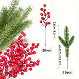 30pcs Artificial Pine Branches with Christmas Holly Berries and Red Berry Stems for Christmas Wreath Decorations and Xmas Tree Decoration