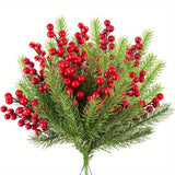 30pcs Artificial Pine Branches with Christmas Holly Berries and Red Berry Stems for Christmas Wreath Decorations and Xmas Tree Decoration