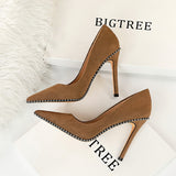 2025 1829-5  style sexy nightclub showing thin super high heel thin heel suede light mouth metal chain pointed women's single shoes