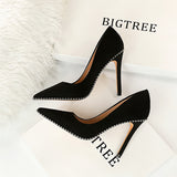 2025 1829-5  style sexy nightclub showing thin super high heel thin heel suede light mouth metal chain pointed women's single shoes