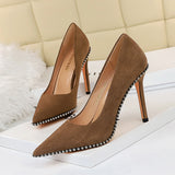 2025 1829-5  style sexy nightclub showing thin super high heel thin heel suede light mouth metal chain pointed women's single shoes