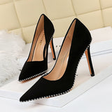 2025 1829-5  style sexy nightclub showing thin super high heel thin heel suede light mouth metal chain pointed women's single shoes