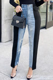 hulianfu - Blue Black Casual Patchwork Ripped Contrast High Waist Skinny Denim Jeans