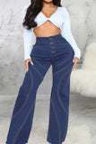 hulianfu - Dark Blue Casual Solid Patchwork Buttons High Waist Skinny Denim Jeans