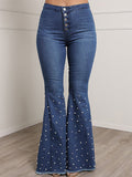 hulianfu - Blue Casual Buckle Beading Mid Waist Regular Denim Jeans