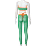 Two Piece Dress Echoine Sheer Mesh Contrast Stitch Crop Top Legging Pants Two Piece Set Party Night Clubwear Outfits Street Women Clothing T230113