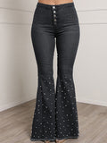 hulianfu - Blue Casual Buckle Beading Mid Waist Regular Denim Jeans