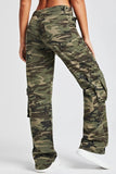 hulianfu - Army Green Casual Camouflage Print Patchwork Mid Waist Denim Jeans