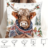 1pc Contemporary Highland Cow Throw Pillow Cover, 17.7"x17.7" Polyester Woven Decorative Cushion Case with Zipper for Sofa and Home Decor, Hand Wash Only, Holiday Animal & Tree Pattern