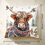 1pc Contemporary Highland Cow Throw Pillow Cover, 17.7"x17.7" Polyester Woven Decorative Cushion Case with Zipper for Sofa and Home Decor, Hand Wash Only, Holiday Animal & Tree Pattern
