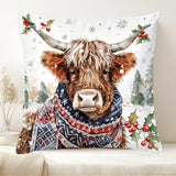 1pc Contemporary Highland Cow Throw Pillow Cover, 17.7"x17.7" Polyester Woven Decorative Cushion Case with Zipper for Sofa and Home Decor, Hand Wash Only, Holiday Animal & Tree Pattern