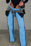 hulianfu - Sky Blue College Solid Make Old Patchwork Pocket Zipper Mid Waist Straight Denim Jeans