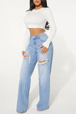 hulianfu - Baby Blue Casual Solid Ripped High Waist Straight Denim Jeans (Subject To The Actual Object)