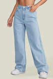 hulianfu - Light Blue Casual Butterfly Print Patchwork High Waist Regular Denim Jeans
