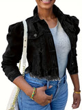 Womens Trendy Ripped Denim Jacket - Flattering Crop Top with Unique Bubble Sleeves and Chic Ripped Detail for a Fashionable Streetwear Look