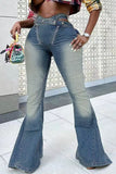 hulianfu - Blue Casual Solid Hollowed Out Make Old Patchwork Buttons Zipper High Waist Boot Cut Denim Jeans