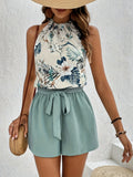 Two-Piece Tropical Floral Print Off the Shoulder Elegant Outfit - Belted Shorts & Halter Neck Top Set for Spring and Summer - Polyester Woven, No Elasticity, Random Printing, Womens Clothing
