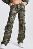 hulianfu - Army Green Casual Camouflage Print Patchwork Mid Waist Denim Jeans