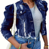 Womens Trendy Ripped Denim Jacket - Flattering Crop Top with Unique Bubble Sleeves and Chic Ripped Detail for a Fashionable Streetwear Look