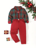 Boys' 2pcs Christmas Plaid Shirt & Suspender Pants Set - Perfect for Holidays, Birthdays, Weddings & More - Machine Washable