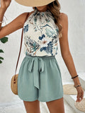 Two-Piece Tropical Floral Print Off the Shoulder Elegant Outfit - Belted Shorts & Halter Neck Top Set for Spring and Summer - Polyester Woven, No Elasticity, Random Printing, Womens Clothing