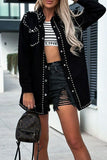 hulianfu - Black Casual Punk Solid Rivets Turndown Collar Long Sleeve Loose Denim Jacket