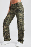 hulianfu - Army Green Casual Camouflage Print Patchwork Mid Waist Denim Jeans