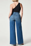 hulianfu - Navy Blue Casual Daily Solid Patchwork High Waist Regular Denim Jeans