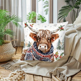 1pc Contemporary Highland Cow Throw Pillow Cover, 17.7"x17.7" Polyester Woven Decorative Cushion Case with Zipper for Sofa and Home Decor, Hand Wash Only, Holiday Animal & Tree Pattern