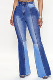 hulianfu - Blue Casual Patchwork Contrast High Waist Boot Cut Denim Jeans