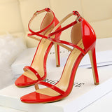2025 126-7  fashion banquet women's shoes super high heel thin heel open toe patent leather cross belt sexy nightclub sandals