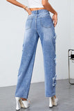 hulianfu - Blue Casual Solid Patchwork High Waist Straight Denim Jeans