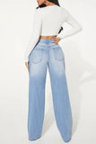 hulianfu - Baby Blue Casual Solid Ripped High Waist Straight Denim Jeans (Subject To The Actual Object)