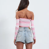 HULIANFU Summer 2025 T-shirt Women's Knitted Sexy Spice Girl Halter Long Sleeve Pullover Navel Short Bow Top Women