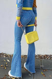 hulianfu - Blue Casual Striped Patchwork High Waist Skinny Denim Jeans