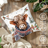 1pc Contemporary Highland Cow Throw Pillow Cover, 17.7"x17.7" Polyester Woven Decorative Cushion Case with Zipper for Sofa and Home Decor, Hand Wash Only, Holiday Animal & Tree Pattern