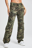 hulianfu - Army Green Casual Camouflage Print Patchwork Mid Waist Denim Jeans