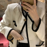 Korean Female White Tweed Basic Jacket Coat Women Clothing Outerwear Coats Channel Style Suit Cropped Stripeed Kawaii Channel