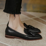 hulianfu Retro Tassel bow-knot small leather shoes women  loafers square toe low heels oxfords woman ins genuine leather fringe flats