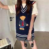 Autumn Winter Women's Vest Japanese Style Cartoon Bear Pullover Vest Sweater Oversize Harajuku Kawaii Clothes Knitted Vest