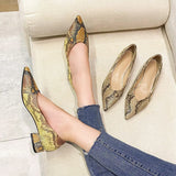 New Spring and Autumn Snake Pattern Leather Women's Belt Heel Single Shoes Pointed Toe Shallow Shoes 3cm Thick Heel Shoes