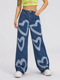 hulianfu Fashion Trousers Medium Wash High Waist Heart Print Wide Leg Jeans