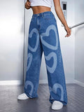 hulianfu Fashion Trousers Medium Wash High Waist Heart Print Wide Leg Jeans