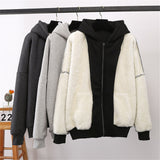 hulianfu hulianfu Jacket women solid color hoodies autumn winter imitation lamb wool korean loose plus velvet thick zipper sweatshirt tops