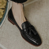 hulianfu Retro Tassel bow-knot small leather shoes women  loafers square toe low heels oxfords woman ins genuine leather fringe flats